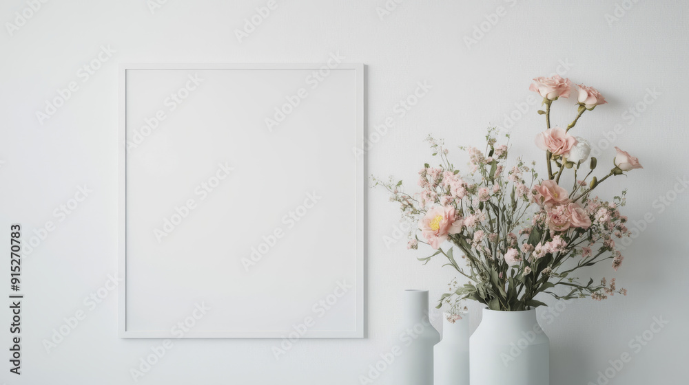 Floral arrangement in a white frame evokes the essence of spring. Minimalistic design captures the beauty of nature. Floral arrangement in a white frame evokes the essence of spring. Minimalistic design captures the beauty of nature.