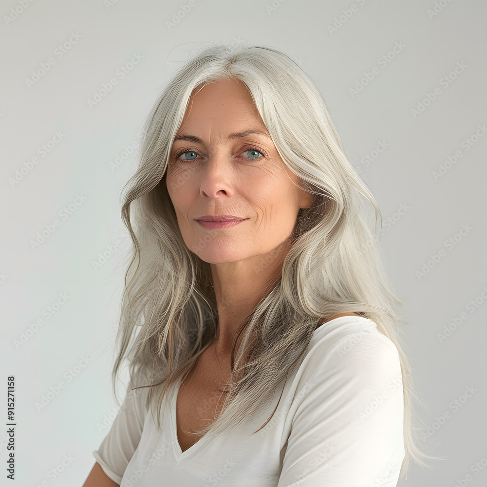 Fototapeta premium Beautiful Mature European woman close up portrait. Beautiful gorgeous 40-50s mid aged mature lady looking at camera isolated on white.