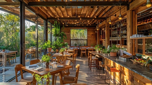 Thai restaurant with nature forest trees. Interior design. AI generated illustration