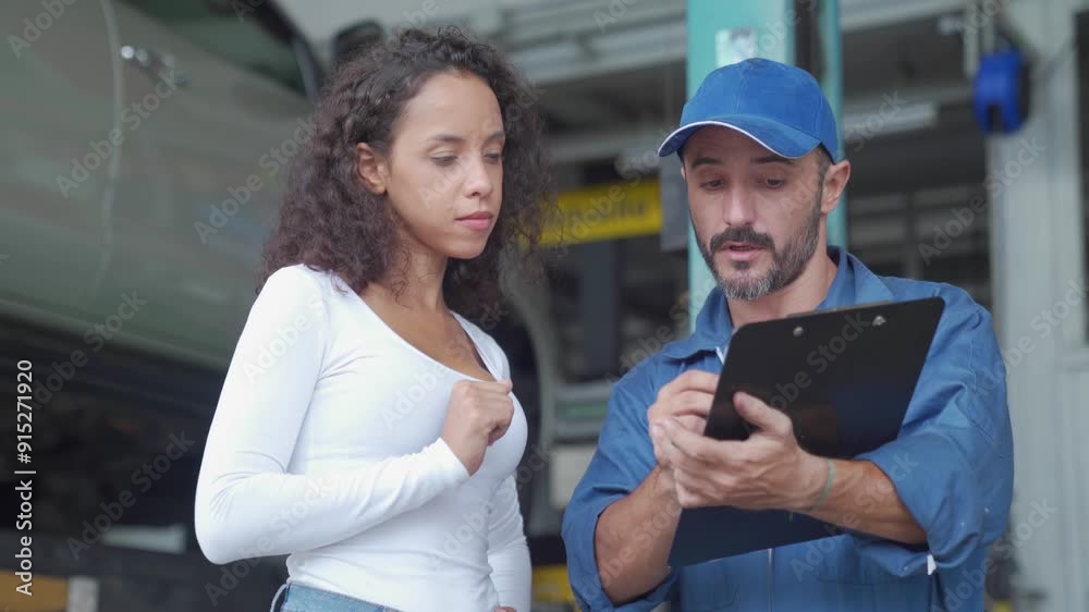 Car service concept. Auto Mechanic writing on clipboard, Car mechanic checking a car engine writing on clipboard.