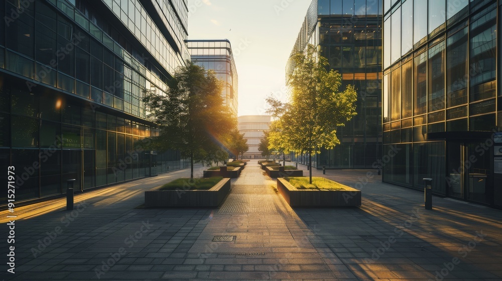 A beautifully sunlit urban plaza with modern skyscrapers, greenery, and a symmetrical arrangement of trees and benches. A beautifully sunlit urban plaza with modern skyscrapers, greenery, and a symmetrical arrangement of trees and benches.