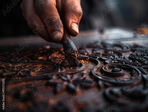 Skilled work of an artisan carving intricate designs into wood, showcasing craftsmanship, Realism, Earthy tones, Photography