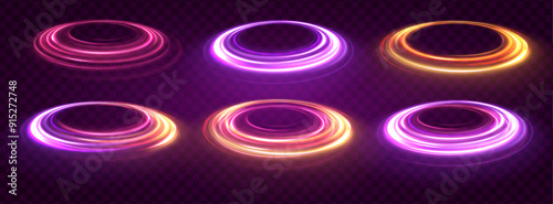 Vector swirl trail effect. Abstract vector fire circles, sparkling swirls and energy light spiral frames. Glowing spiral cover.Neon light circle of speed in the form of a round whirlpool.	