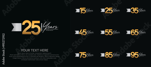 anniversary logotype set. gold number and silver ribbon for celebration