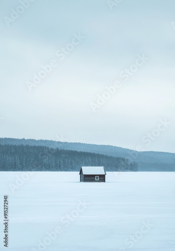 Minimalist vertical winter landscape with a solitary cabin on a frozen lake surrounded by snowy forest, minimalism photography, vertical orientation