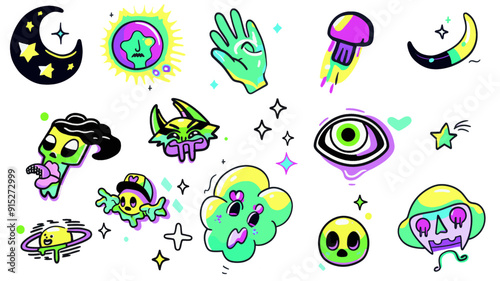 weird psych animal monsters of fluorescent colors, icons, characters, vector separated on transparent background, set of cartoon fluo elements