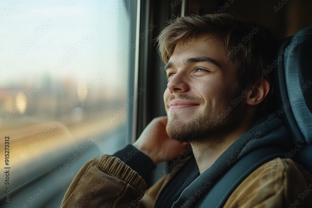 Smiling young man thinking about his project ideas while looking out the window on his way to work on the train Smiling young man thinking about his project ideas while looking out the window on his way to work on the train