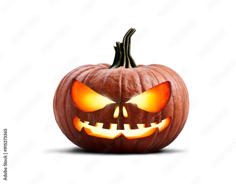 A single lit spooky halloween carved pumpkin, Jack O Lantern with evil face and eyes isolated against a transparent background.