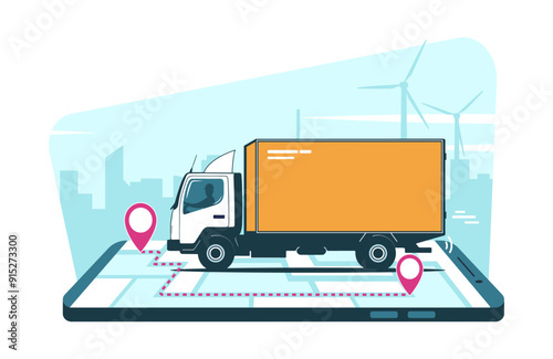 Online delivery service concept. A box truck speeds along the route. Vector illustration.
