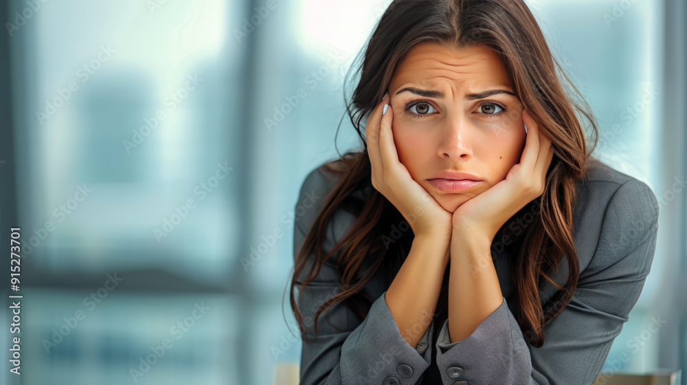 Stressed young woman at work, feeling overwhelmed. Stressed young woman at work, feeling overwhelmed.