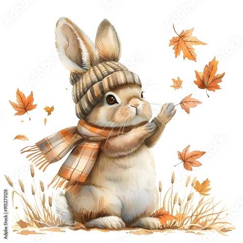 Rabbit chasing fallen leaves in the vegetable garden, full body, single object, watercolor illustration, autumn season