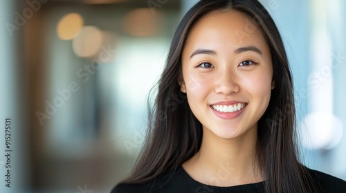 a woman with long hair smiling at the camera