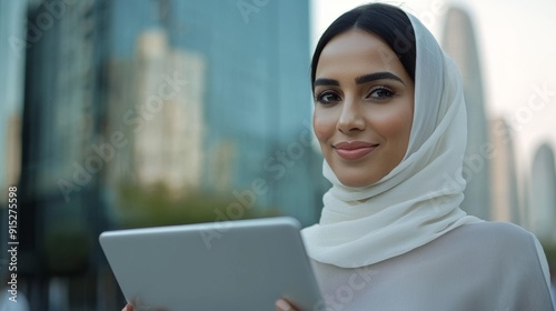 a woman in a headscarves holding a tablet