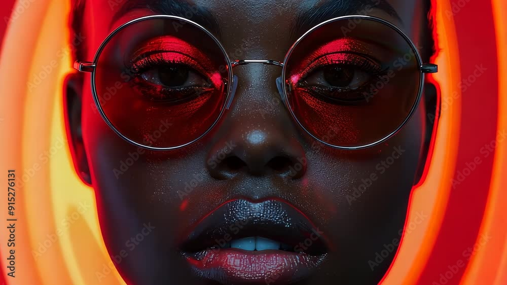 Person in red sunglasses with neon circular backdrop Person in red sunglasses with neon circular backdrop