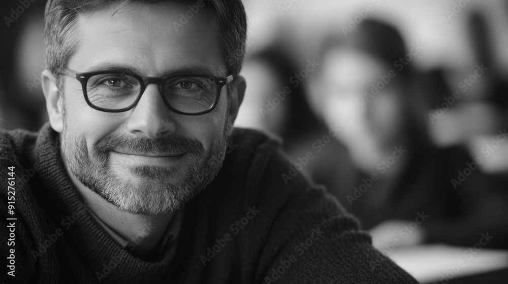 Fototapeta premium A black and white photo of a man wearing glasses