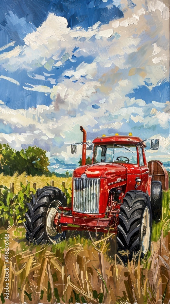 Obraz premium Red tractor in field, oil painting, blue sky, clouds.