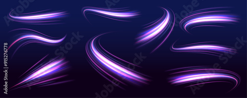 Set of neon blurry light circles at motion. Futuristic neon ribbons illustration, great for eye-catching graphics. Sleek luminous streaks design, fitting for high-energy themes. 