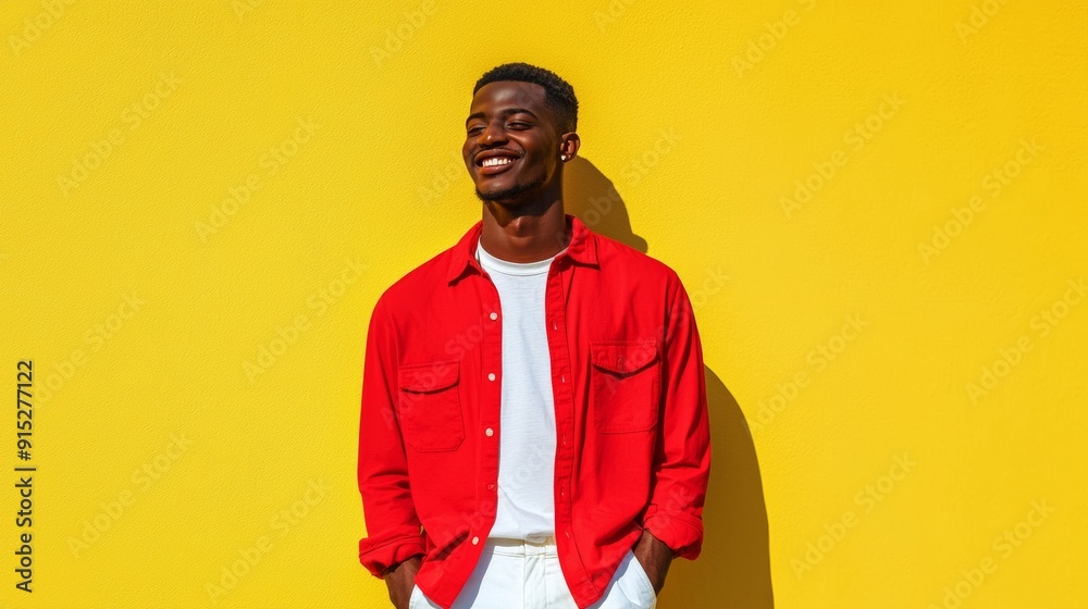 a man in a red jacket and white shirt standing against a yellow wall a man in a red jacket and white shirt standing against a yellow wall