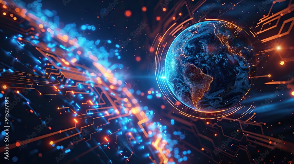 Abstract Digital Planet Earth Surrounded in Shiny Connections. AI generated illustration.