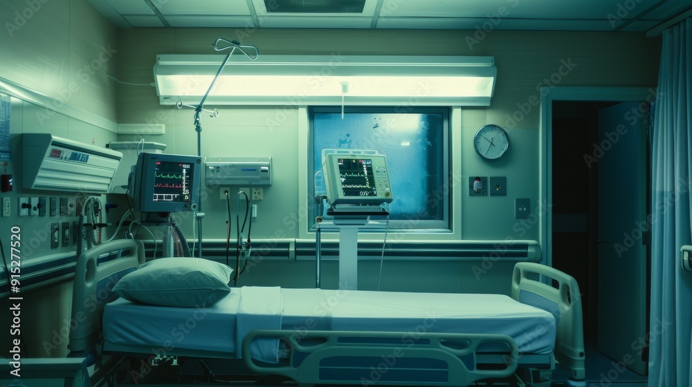 A stark, clinical hospital room with empty bed and medical equipment, radiating a sense of stillness and sterility. A stark, clinical hospital room with empty bed and medical equipment, radiating a sense of stillness and sterility.