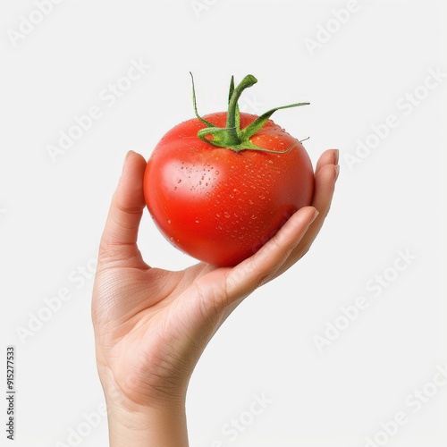 A Hand Holding a Single Red Tomato with Water Droplets