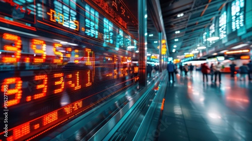 Trading activity on a busy stock exchange floor, capturing the energy and intensity of financial markets, Realism, Bright colors, Photography