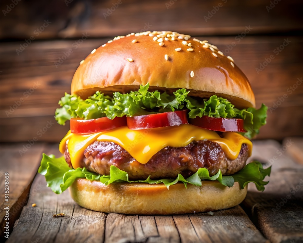 Perfectly Grilled Gourmet Burger with Melty Cheese  on a wooden background