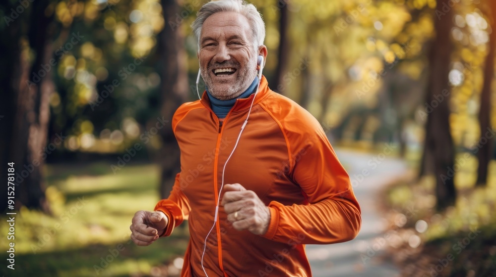 A man in an orange jacket is running in a park A man in an orange jacket is running in a park