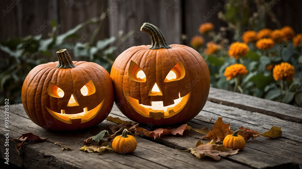 Four intricately carved pumpkins with glowing faces sit on a wooden surface surrounded by autumn leaves Four intricately carved pumpkins with glowing faces sit on a wooden surface surrounded by autumn leaves