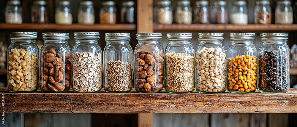 A row of glass jars filled with various nuts, grains, and dried fruit displayed on a wooden shelf in a pantry or kitchen setting A row of glass jars filled with various nuts, grains, and dried fruit displayed on a wooden shelf in a pantry or kitchen setting