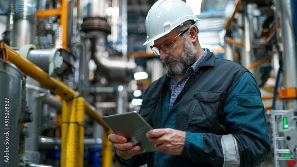 A worker using a digital tablet to monitor production metrics in a smart factory, highlighting the role of IoT in manufacturing