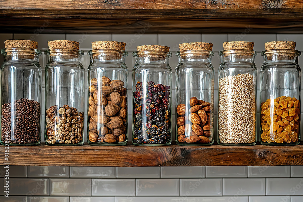 A row of glass jars filled with various nuts, grains, and dried fruit displayed on a wooden shelf in a pantry or kitchen setting A row of glass jars filled with various nuts, grains, and dried fruit displayed on a wooden shelf in a pantry or kitchen setting
