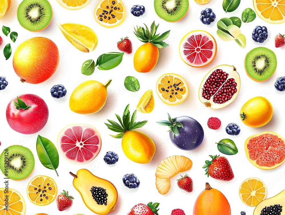 Tropical fruits mix on solid white background, vibrant colors, vector illustration Tropical fruits mix on solid white background, vibrant colors, vector illustration