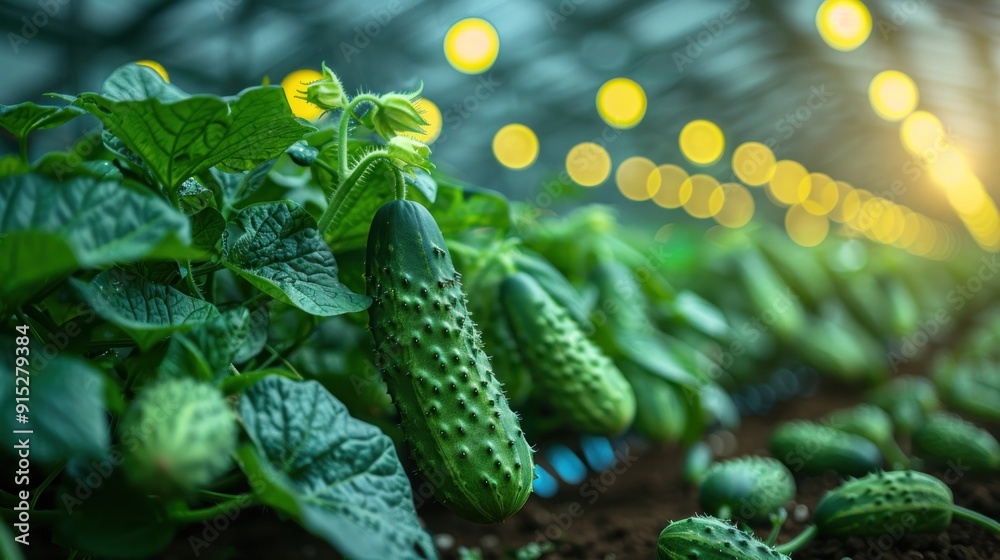 Green Cucumbers Growing in a Greenhouse Green Cucumbers Growing in a Greenhouse