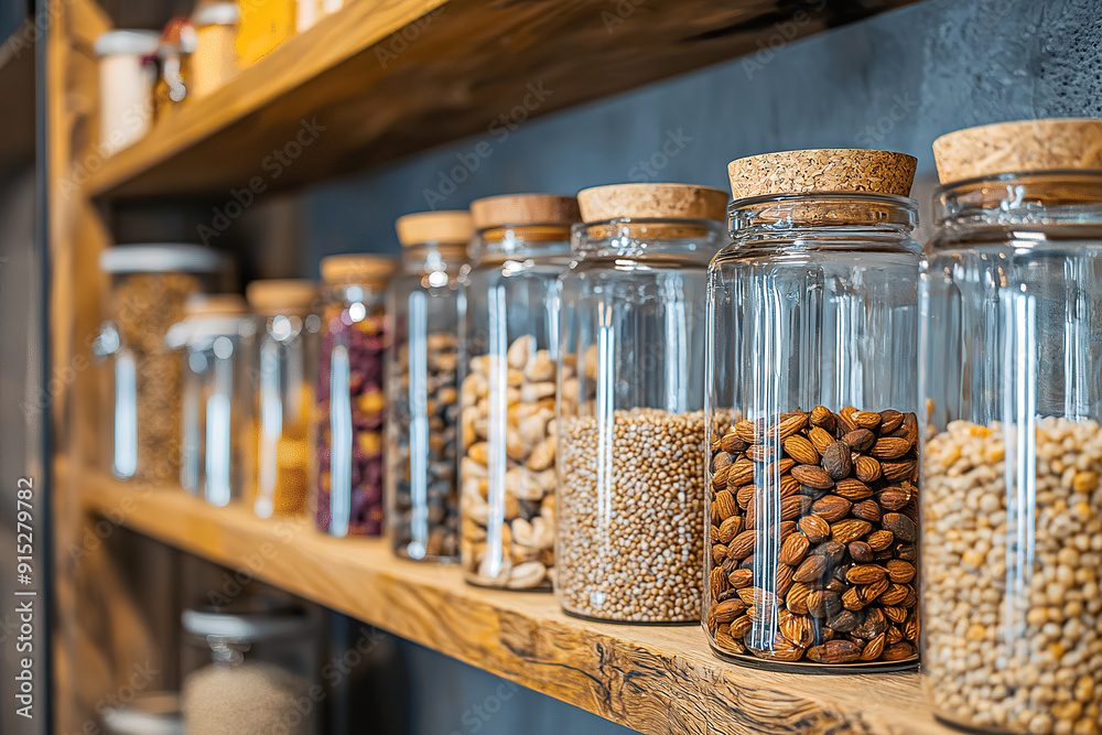 A row of glass jars filled with various nuts, grains, and dried fruit displayed on a wooden shelf in a pantry or kitchen setting A row of glass jars filled with various nuts, grains, and dried fruit displayed on a wooden shelf in a pantry or kitchen setting