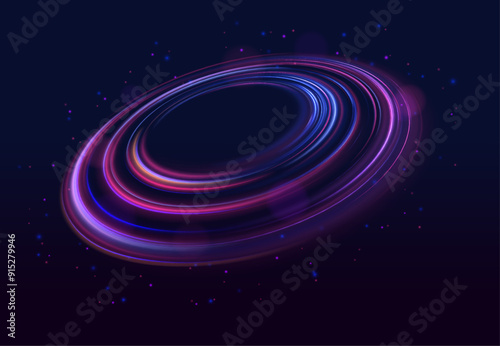 Brilliant galaxy light blue ellipse glowing podium. Space tunnel. Night road speed illustration. Curve blue line light effect neon swirl. 