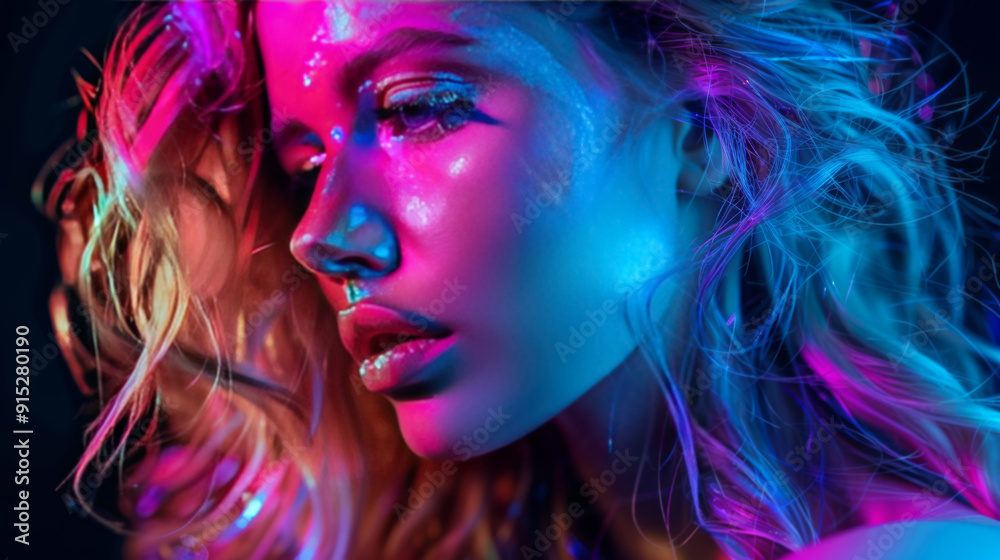 Neon-lit Portrait of Fashion Model with Glitter Makeup Neon-lit Portrait of Fashion Model with Glitter Makeup