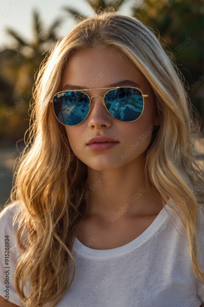 Blonde Woman in Blue Reflective Sunglasses Outdoors Blonde Woman in Blue Reflective Sunglasses Outdoors