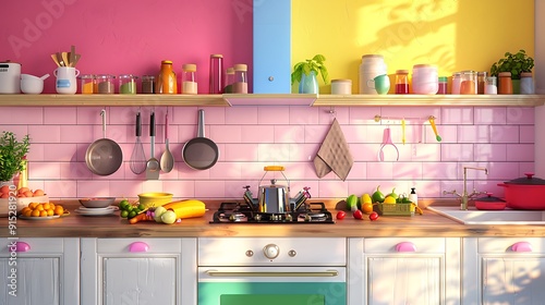 Colorful Modern Sunlit rustic kitchen interior with wooden cabinets and appliances
