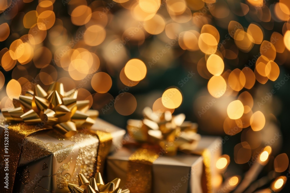Elegant Gold Wrapped Christmas Gift Boxes with Bokeh Lights - Perfect for Luxurious and Festive Holiday-Themed Designs Elegant Gold Wrapped Christmas Gift Boxes with Bokeh Lights - Perfect for Luxurious and Festive Holiday-Themed Designs