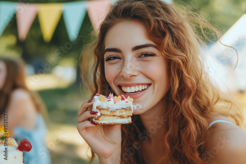 Smiling woman with red hair eating cake outdoors.