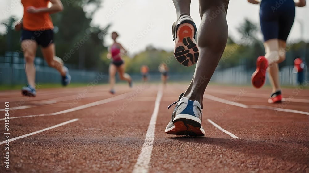 Fototapeta premium The feet of a runner are running on the field.