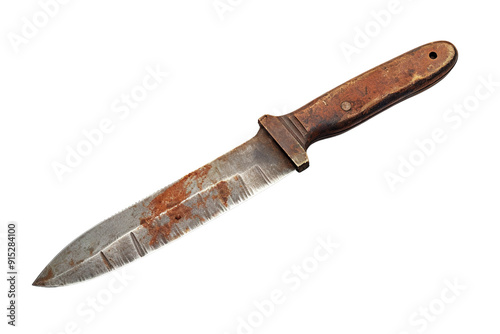 A Weathered, Rusty Knife Resting on a Wooden Surface in Soft Morning Light on Transparent PNG Background.