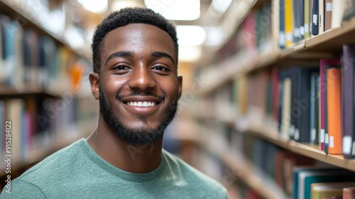 a man smiling in a library