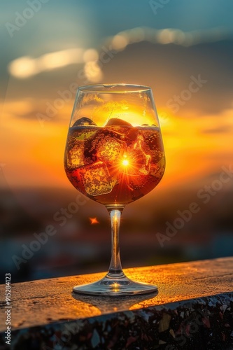 Sunset cocktail with ice reflecting golden light photo