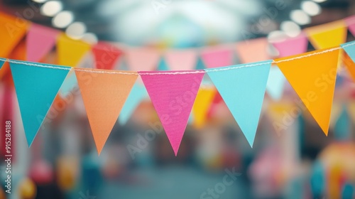 Carnival-themed party with bright, multicolored bunting and flags, festive and energetic, amusement rides in the distance.
