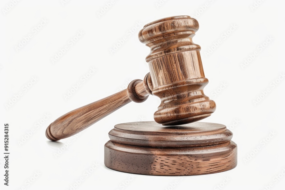 A wooden gavel sits atop a wooden table, ready for use A wooden gavel sits atop a wooden table, ready for use