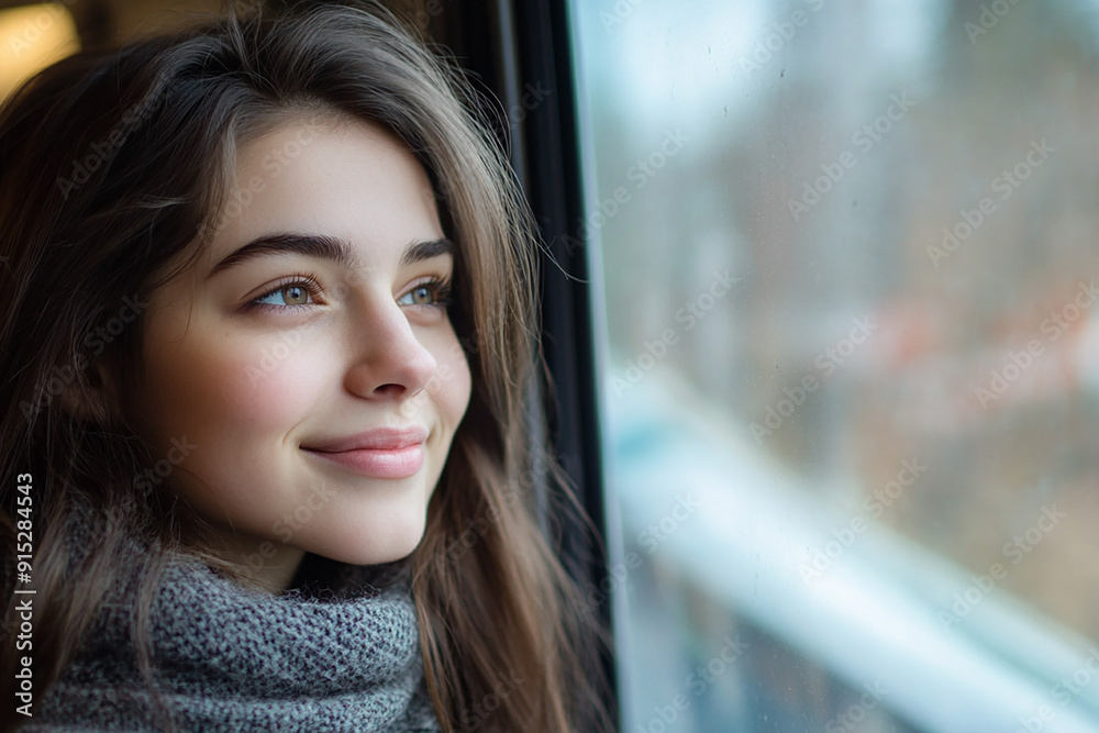 Smiling young woman thinking about her project ideas while looking out the window on her way to work Smiling young woman thinking about her project ideas while looking out the window on her way to work
