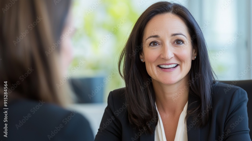 a woman smiling and talking to another woman