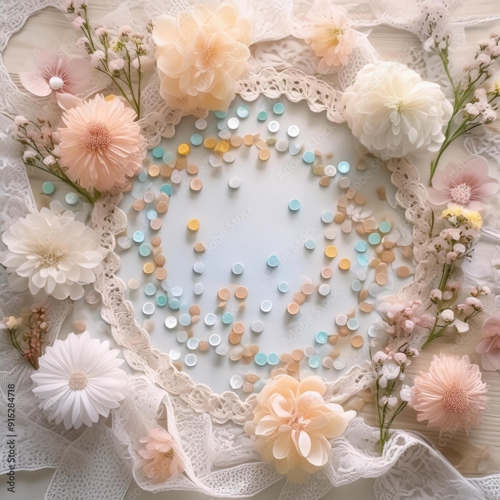 Many flowers arranged in a circle on a table, Plant background Many flowers arranged in a circle on a table, Plant background
